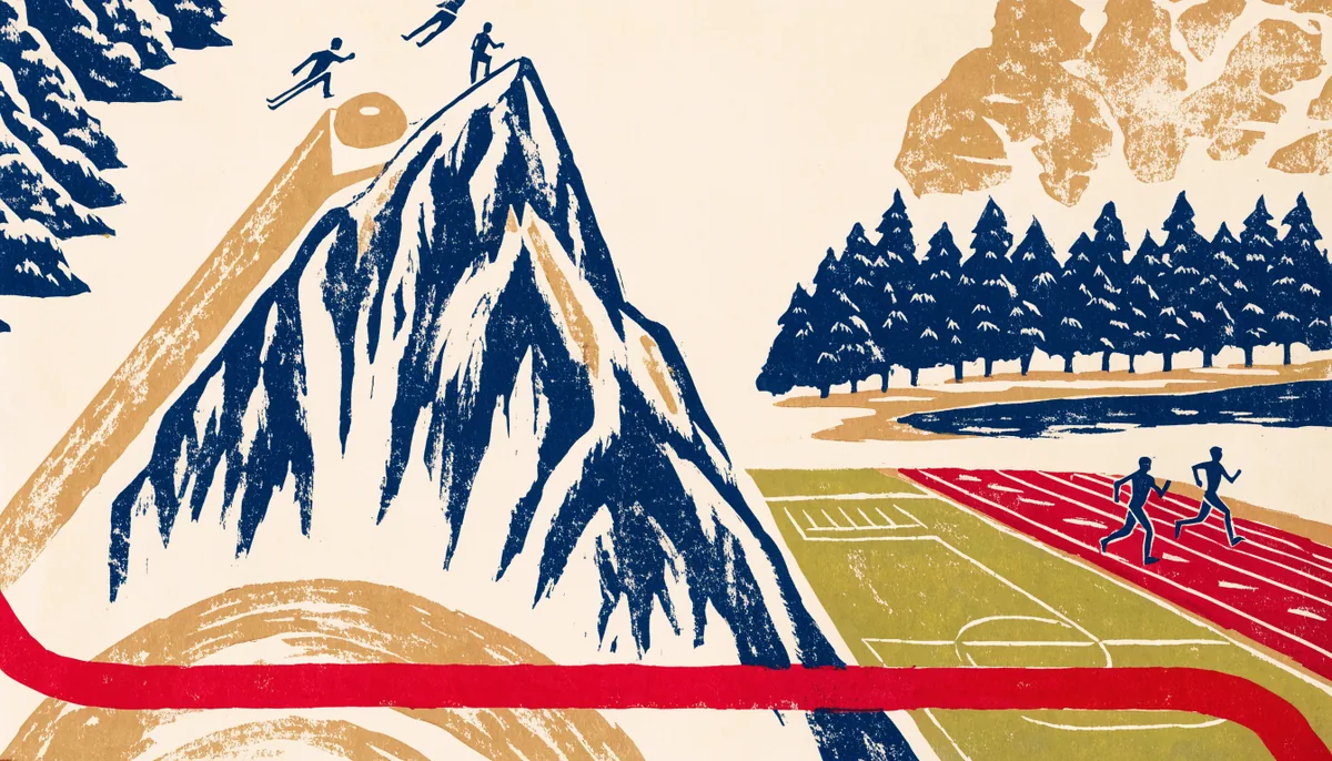 Linosnitt-illustrasjon: skihopp og langrenn i vinterlandskap møter fotballbane og løpebane ved fjorden