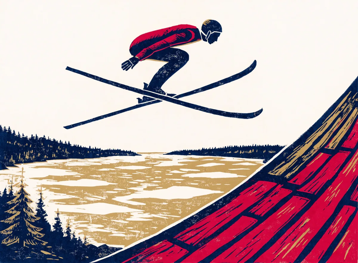 Linosnitt-illustrasjon: Langrenn, skiskyting, hopp, alpint og skøyter
